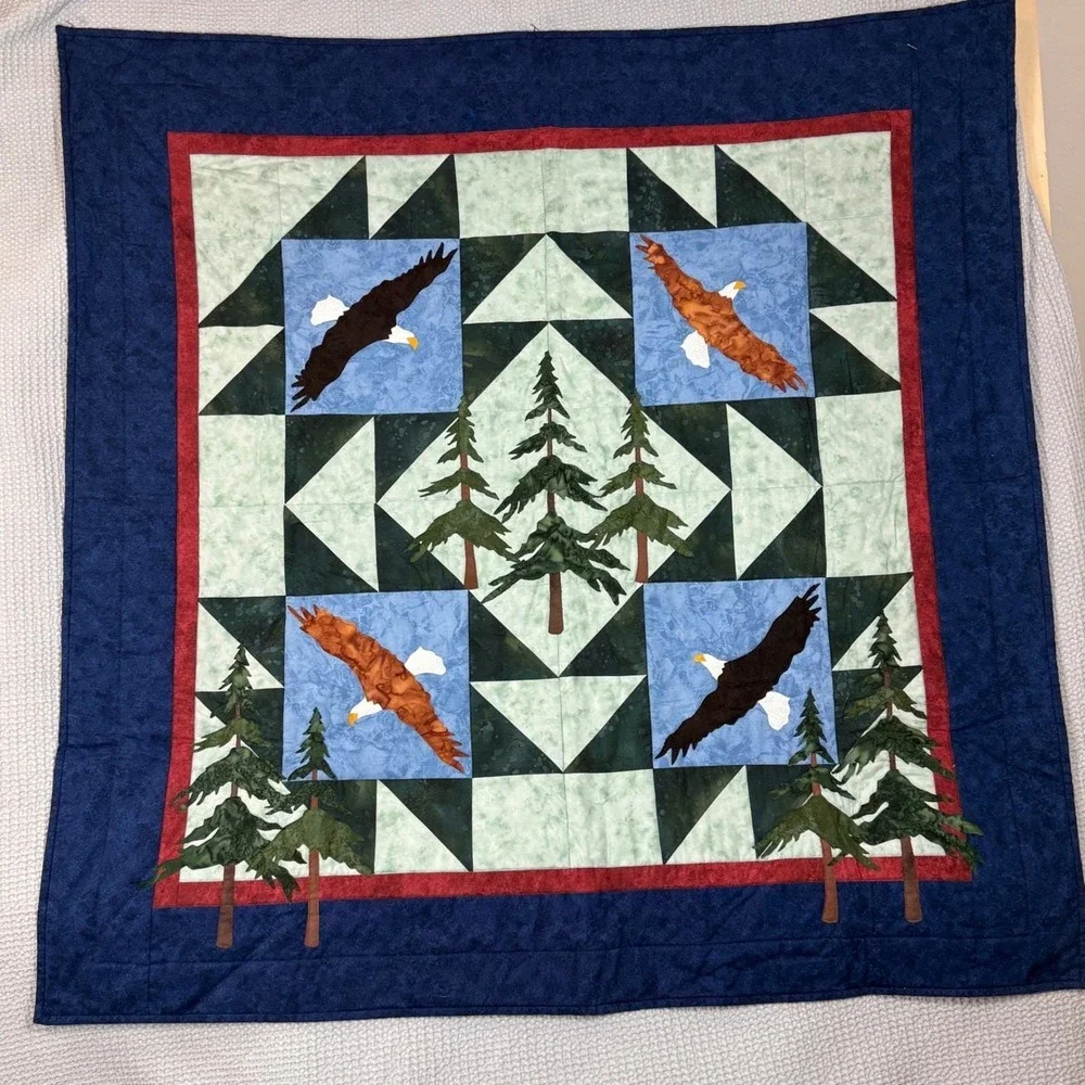 Handmade Wall Quilt Fiber Art, Eagles, Pine Forest Cabincore Lodge, Nature Lover
